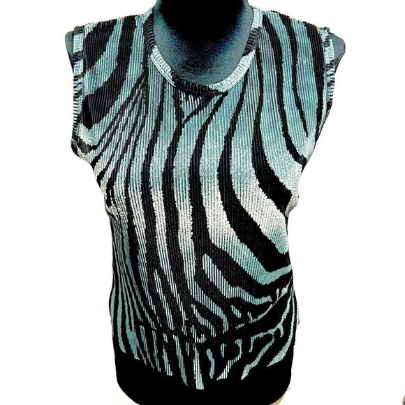 NWOT vintage 90’s abstract tank by Plisse teal black swirl print sz M pleated - Picture 1 of 11
